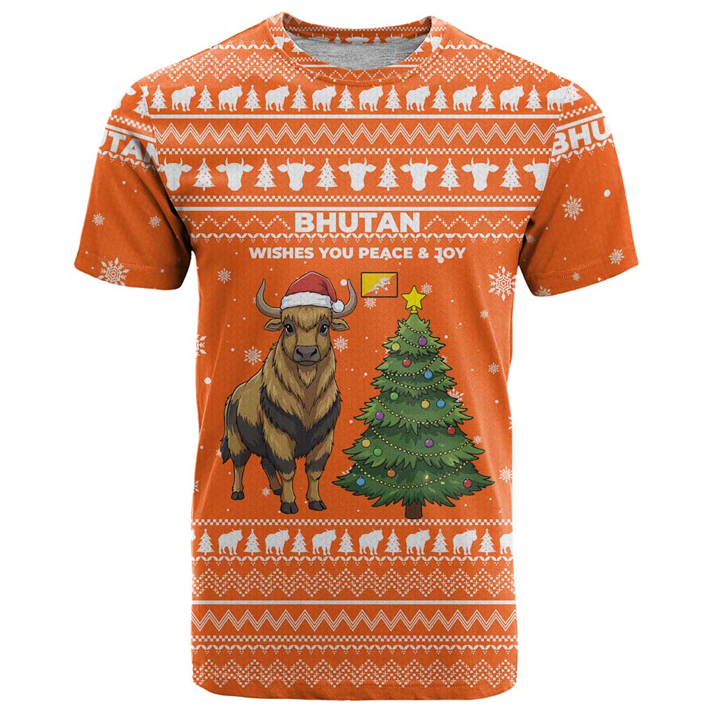 Bhutan Christmas T Shirt with Takin Santa Hat Christmas Tree and Snowflake Pattern in Orange - Wonder Print Shop