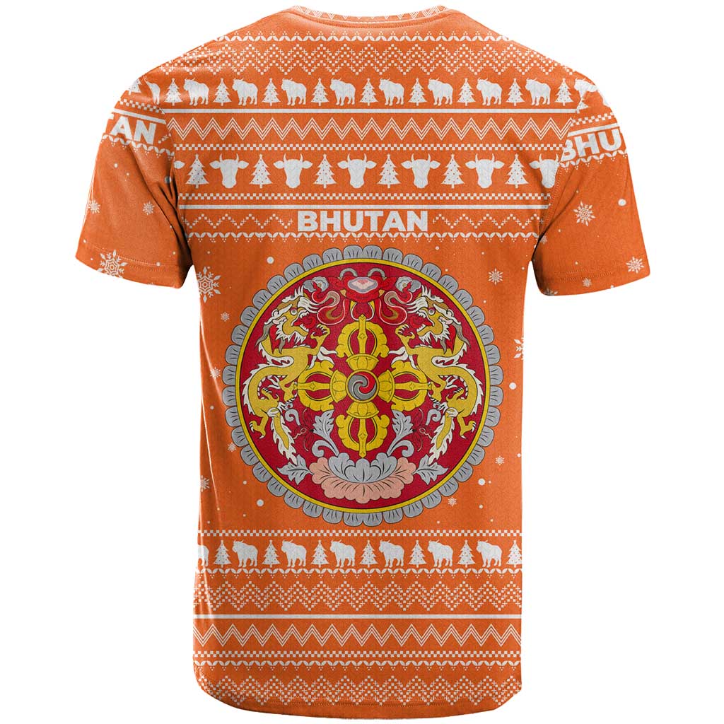 Bhutan Christmas T Shirt with Takin Santa Hat Christmas Tree and Snowflake Pattern in Orange - Wonder Print Shop