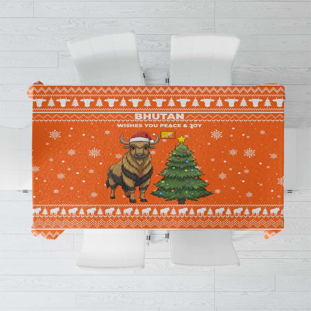 Bhutan Christmas Tablecloth with Takin Santa Hat Christmas Tree and Snowflake Pattern in Orange - Wonder Print Shop