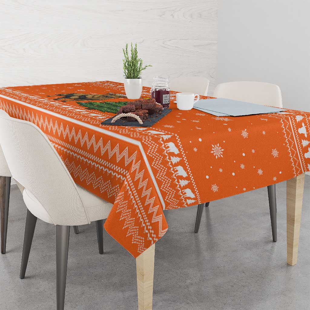 Bhutan Christmas Tablecloth with Takin Santa Hat Christmas Tree and Snowflake Pattern in Orange - Wonder Print Shop