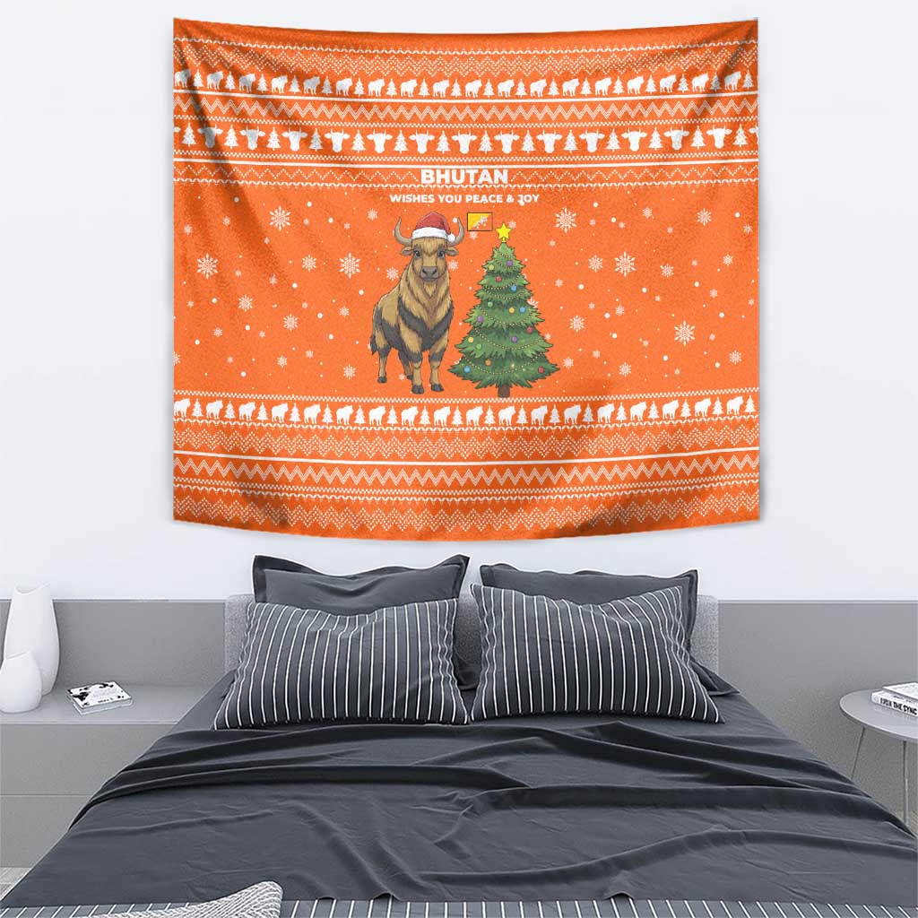 Bhutan Christmas Tapestry with Takin Santa Hat Christmas Tree and Snowflake Pattern in Orange - Wonder Print Shop
