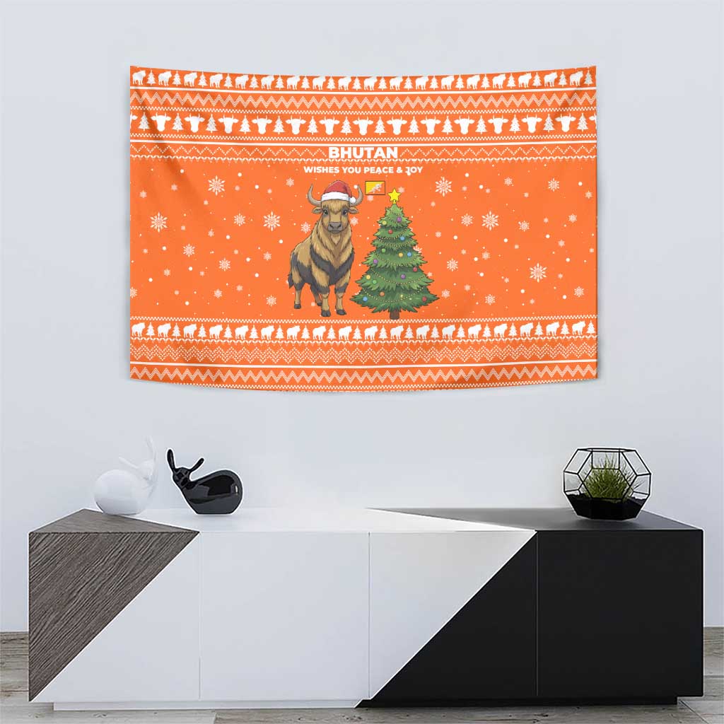Bhutan Christmas Tapestry with Takin Santa Hat Christmas Tree and Snowflake Pattern in Orange - Wonder Print Shop