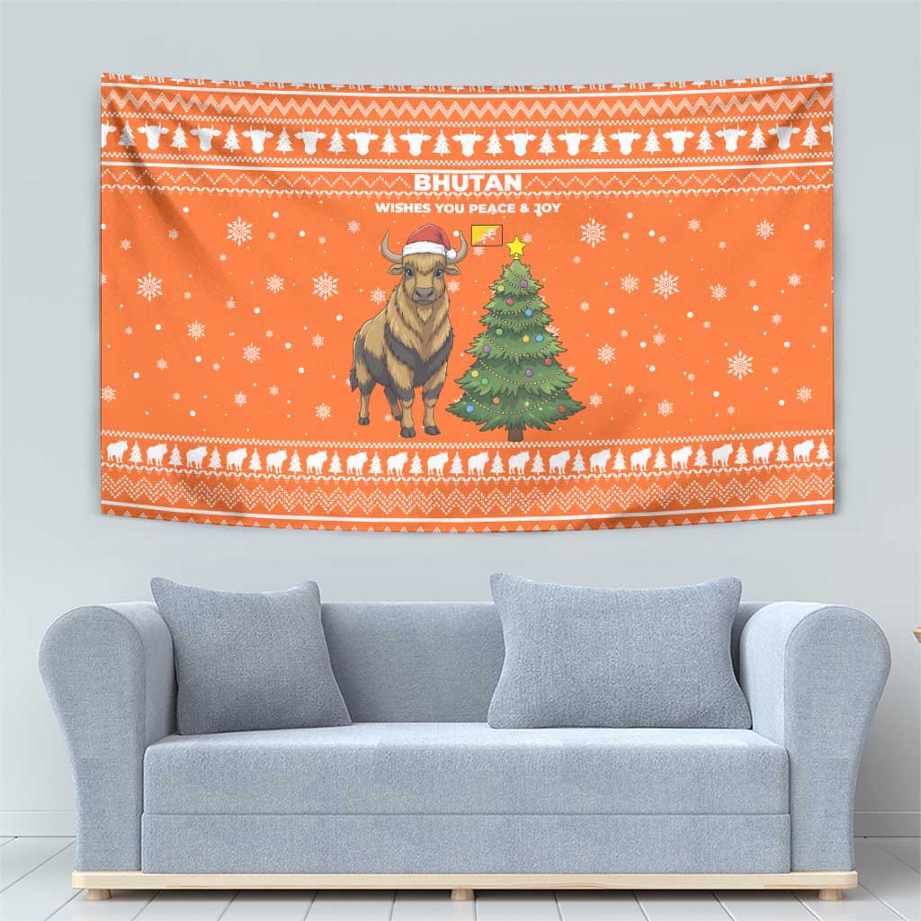 Bhutan Christmas Tapestry with Takin Santa Hat Christmas Tree and Snowflake Pattern in Orange - Wonder Print Shop