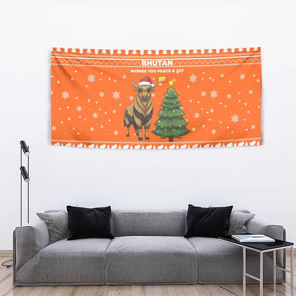 Bhutan Christmas Tapestry with Takin Santa Hat Christmas Tree and Snowflake Pattern in Orange - Wonder Print Shop