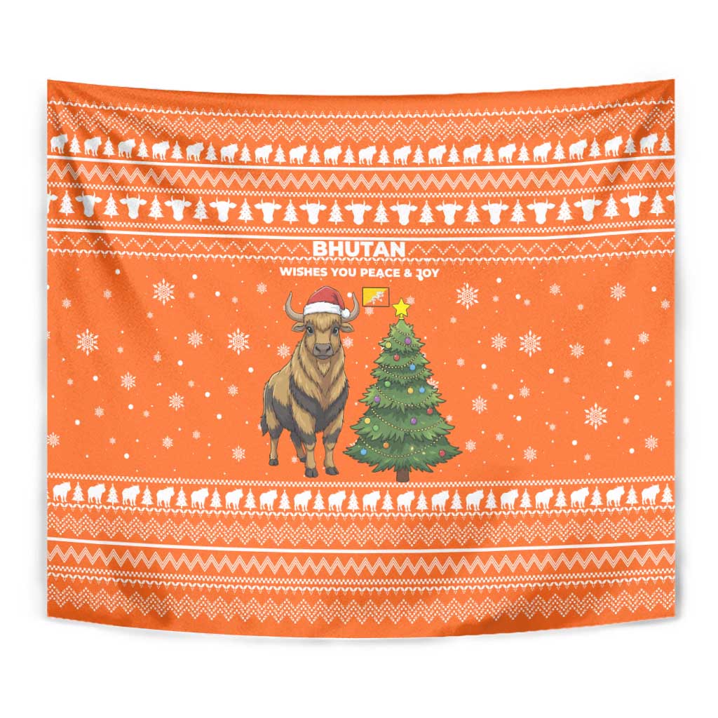 Bhutan Christmas Tapestry with Takin Santa Hat Christmas Tree and Snowflake Pattern in Orange - Wonder Print Shop