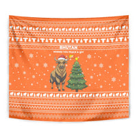 Bhutan Christmas Tapestry with Takin Santa Hat Christmas Tree and Snowflake Pattern in Orange - Wonder Print Shop