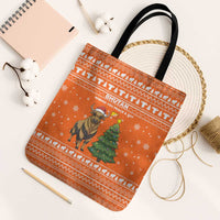 Bhutan Christmas Tote Bag with Takin Santa Hat Christmas Tree and Snowflake Pattern in Orange - Wonder Print Shop