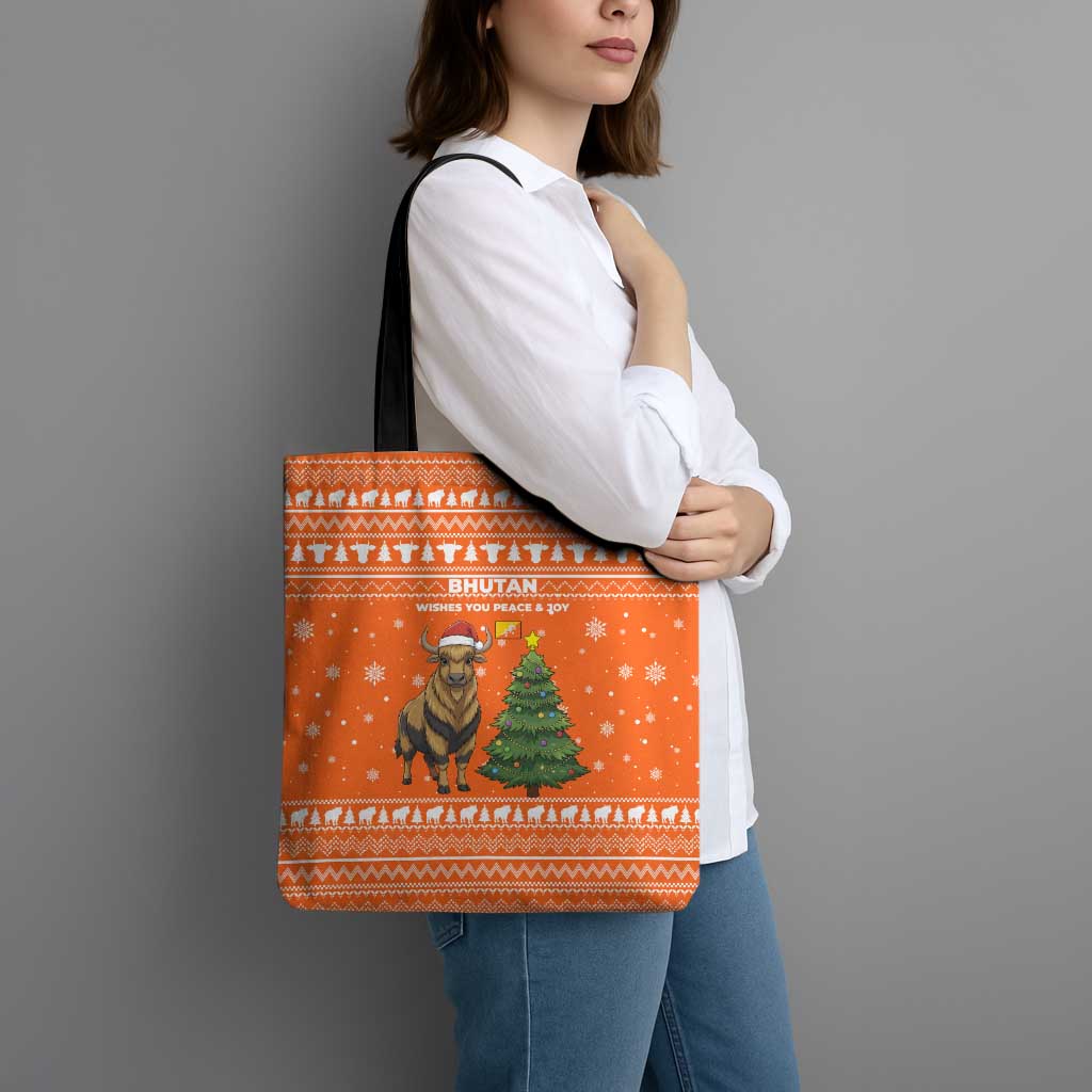 Bhutan Christmas Tote Bag with Takin Santa Hat Christmas Tree and Snowflake Pattern in Orange - Wonder Print Shop