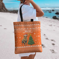 Bhutan Christmas Tote Bag with Takin Santa Hat Christmas Tree and Snowflake Pattern in Orange - Wonder Print Shop