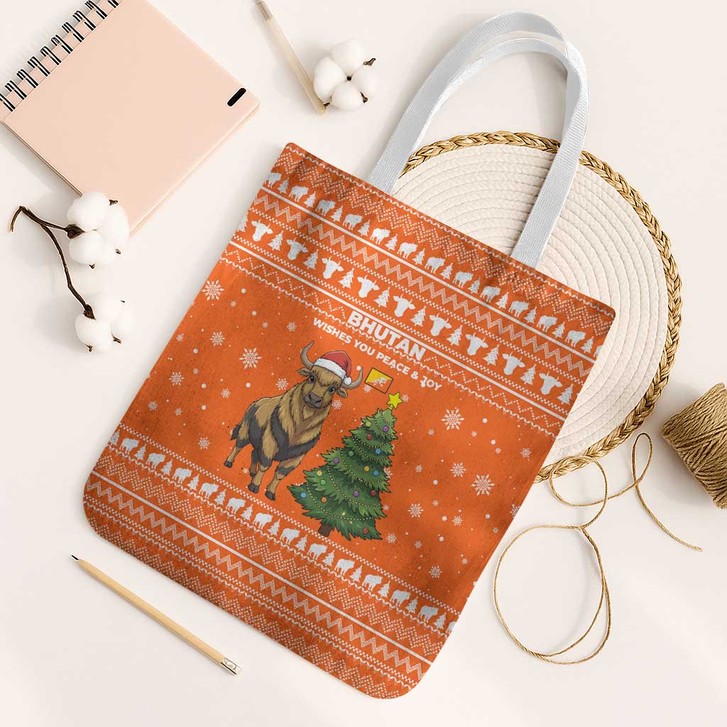 Bhutan Christmas Tote Bag with Takin Santa Hat Christmas Tree and Snowflake Pattern in Orange - Wonder Print Shop
