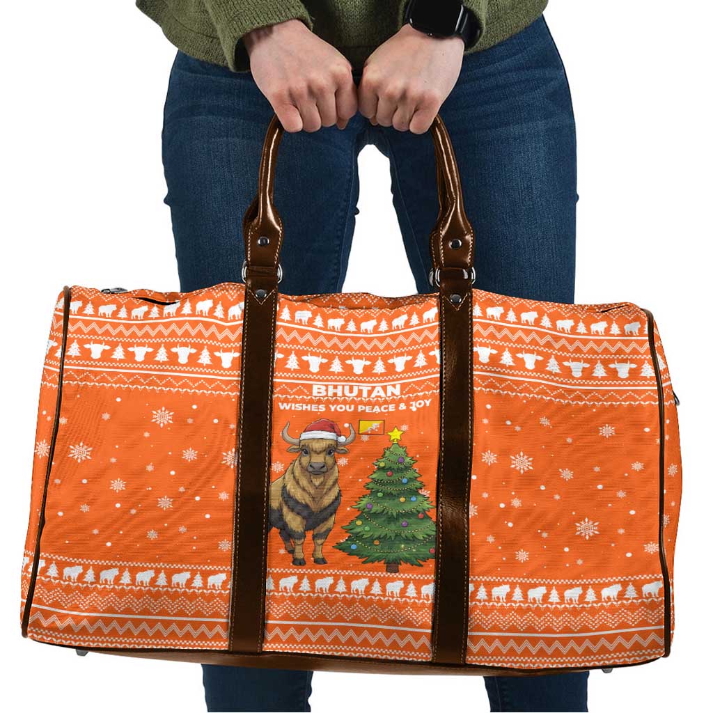 Bhutan Christmas Travel Bag with Takin Santa Hat Christmas Tree and Snowflake Pattern in Orange - Wonder Print Shop
