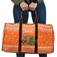 Bhutan Christmas Travel Bag with Takin Santa Hat Christmas Tree and Snowflake Pattern in Orange - Wonder Print Shop