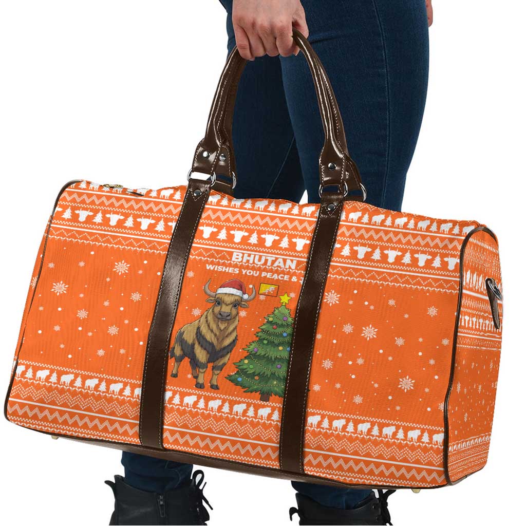 Bhutan Christmas Travel Bag with Takin Santa Hat Christmas Tree and Snowflake Pattern in Orange - Wonder Print Shop