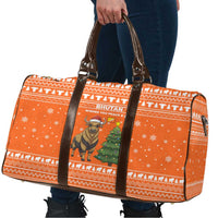Bhutan Christmas Travel Bag with Takin Santa Hat Christmas Tree and Snowflake Pattern in Orange - Wonder Print Shop