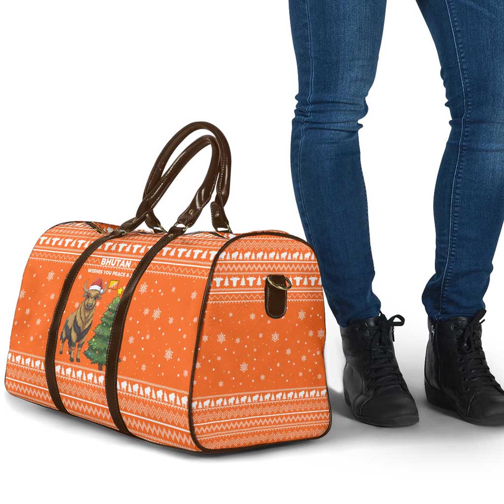Bhutan Christmas Travel Bag with Takin Santa Hat Christmas Tree and Snowflake Pattern in Orange - Wonder Print Shop