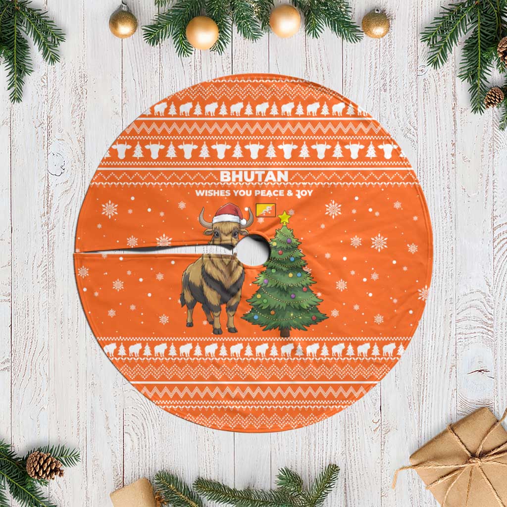 Bhutan Christmas Tree Skirt with Takin Santa Hat Christmas Tree and Snowflake Pattern in Orange - Wonder Print Shop