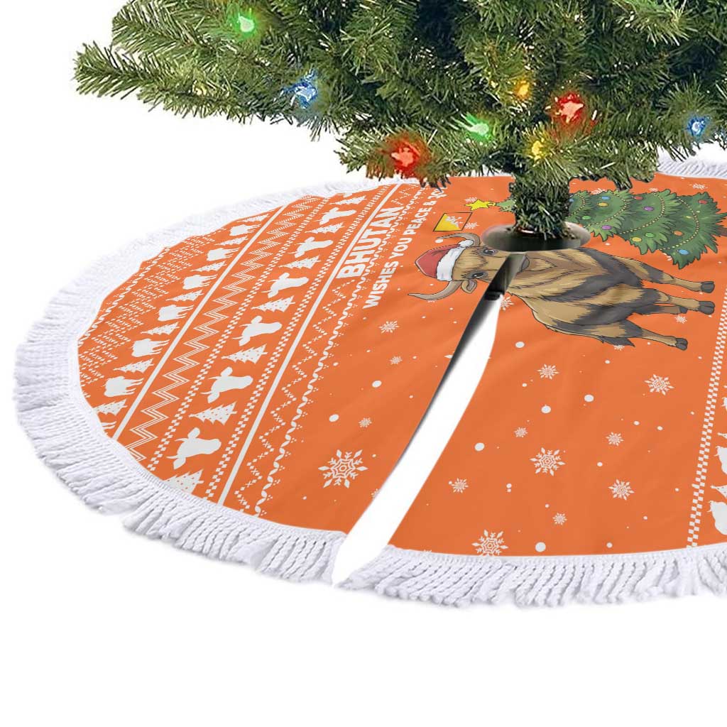 Bhutan Christmas Tree Skirt with Takin Santa Hat Christmas Tree and Snowflake Pattern in Orange - Wonder Print Shop