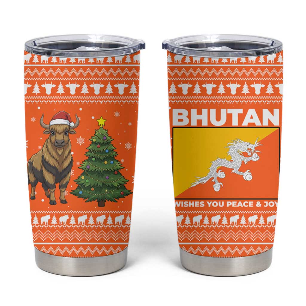 Bhutan Christmas Tumbler Cup with Takin Santa Hat Christmas Tree and Snowflake Pattern in Orange - Wonder Print Shop