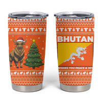 Bhutan Christmas Tumbler Cup with Takin Santa Hat Christmas Tree and Snowflake Pattern in Orange - Wonder Print Shop