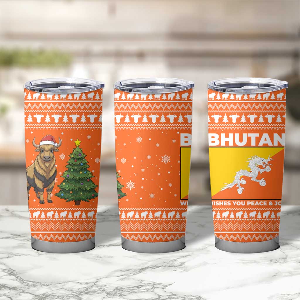 Bhutan Christmas Tumbler Cup with Takin Santa Hat Christmas Tree and Snowflake Pattern in Orange - Wonder Print Shop