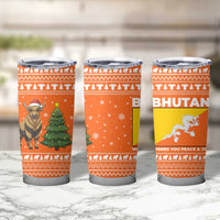 Bhutan Christmas Tumbler Cup with Takin Santa Hat Christmas Tree and Snowflake Pattern in Orange - Wonder Print Shop