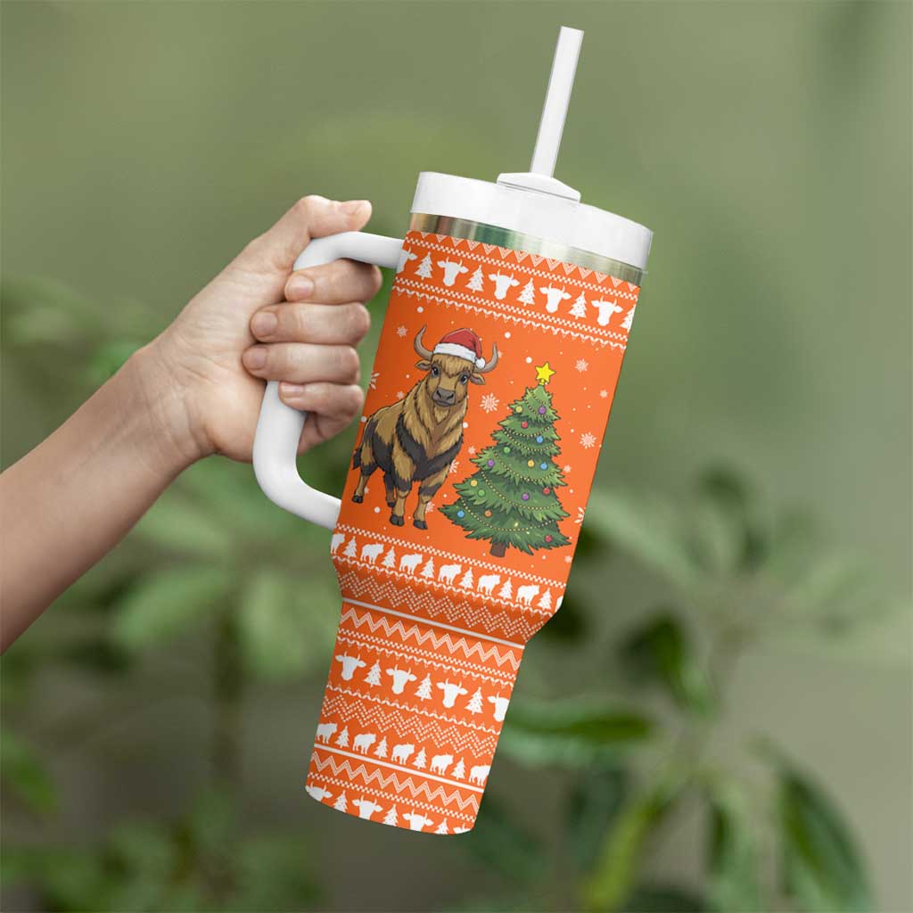 Bhutan Christmas Tumbler With Handle with Takin Santa Hat Christmas Tree and Snowflake Pattern in Orange - Wonder Print Shop