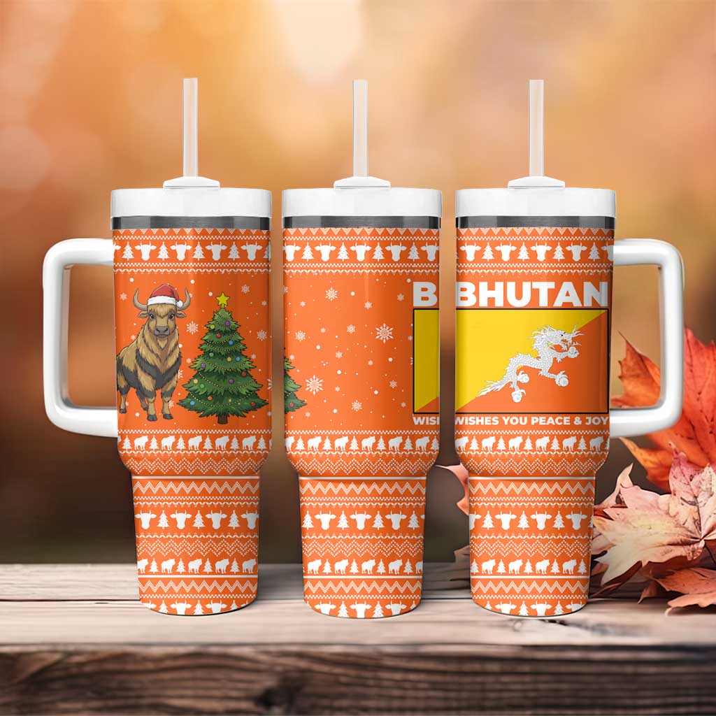 Bhutan Christmas Tumbler With Handle with Takin Santa Hat Christmas Tree and Snowflake Pattern in Orange - Wonder Print Shop
