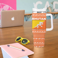 Bhutan Christmas Tumbler With Handle with Takin Santa Hat Christmas Tree and Snowflake Pattern in Orange - Wonder Print Shop