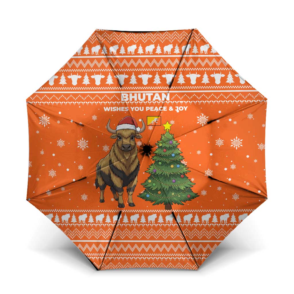 Bhutan Christmas Umbrella with Takin Santa Hat Christmas Tree and Snowflake Pattern in Orange - Wonder Print Shop
