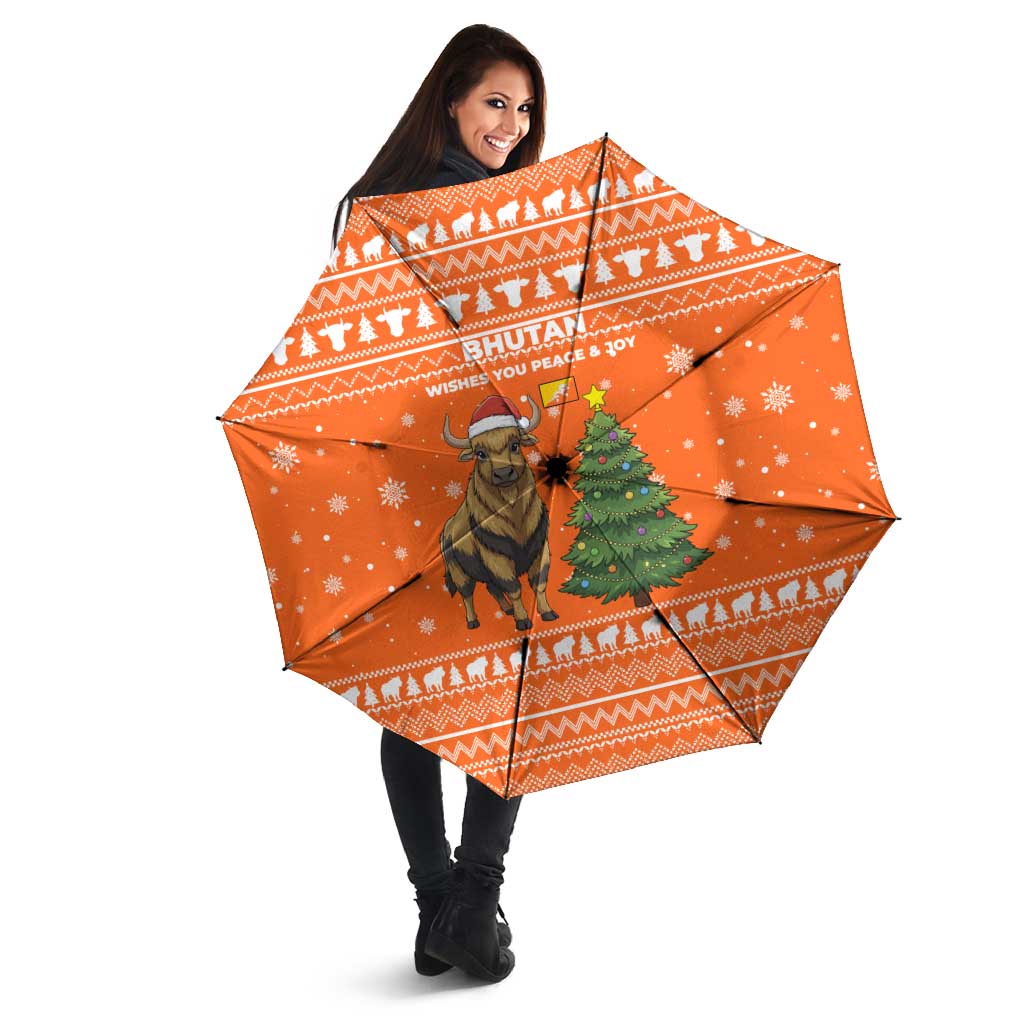 Bhutan Christmas Umbrella with Takin Santa Hat Christmas Tree and Snowflake Pattern in Orange - Wonder Print Shop
