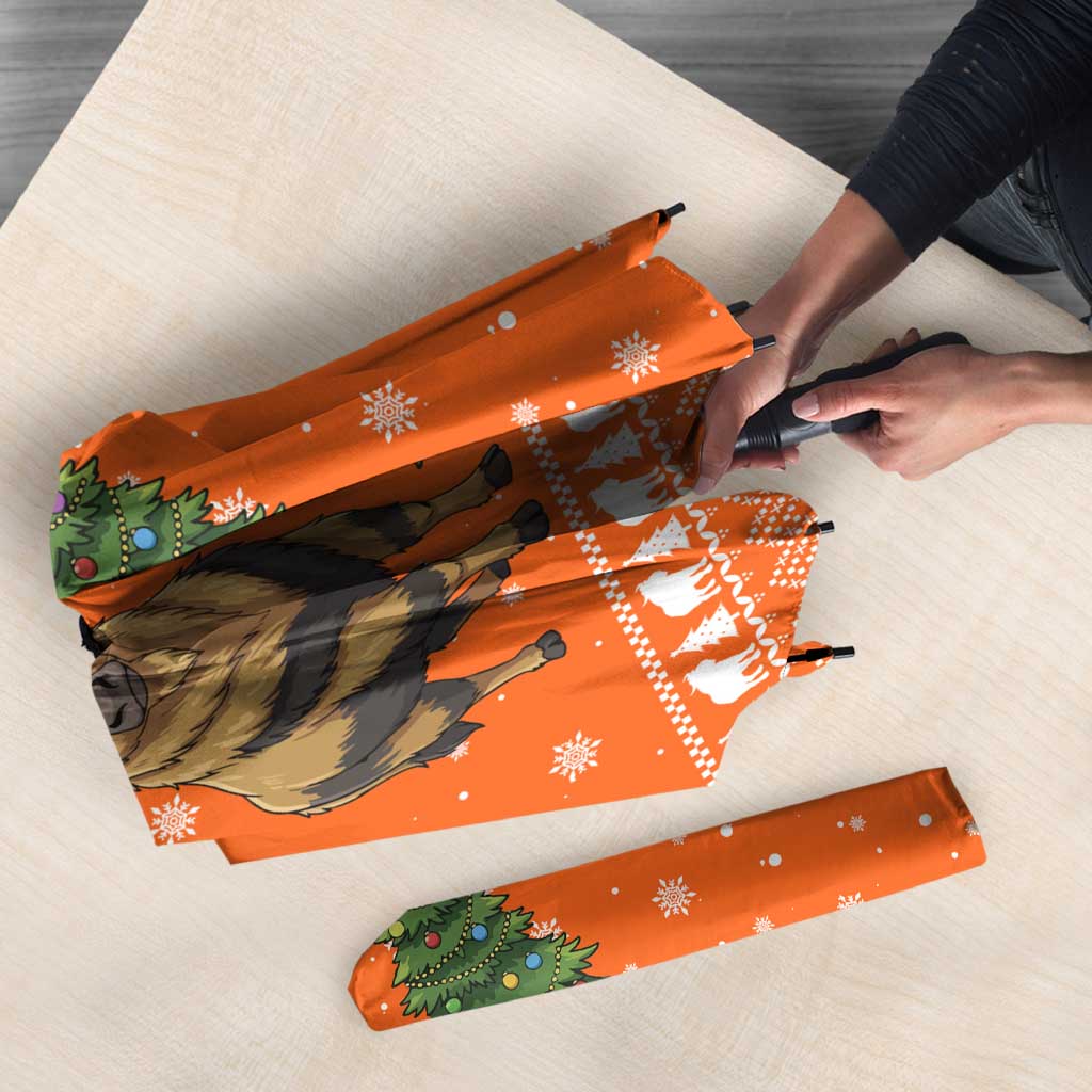 Bhutan Christmas Umbrella with Takin Santa Hat Christmas Tree and Snowflake Pattern in Orange - Wonder Print Shop