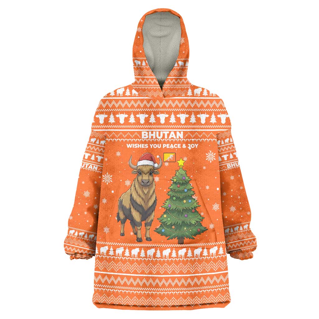 Bhutan Christmas Wearable Blanket Hoodie with Takin Santa Hat Christmas Tree and Snowflake Pattern in Orange - Wonder Print Shop