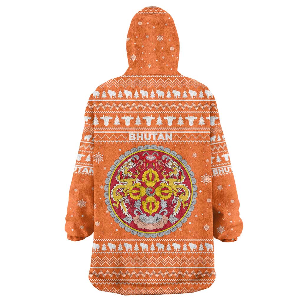 Bhutan Christmas Wearable Blanket Hoodie with Takin Santa Hat Christmas Tree and Snowflake Pattern in Orange - Wonder Print Shop