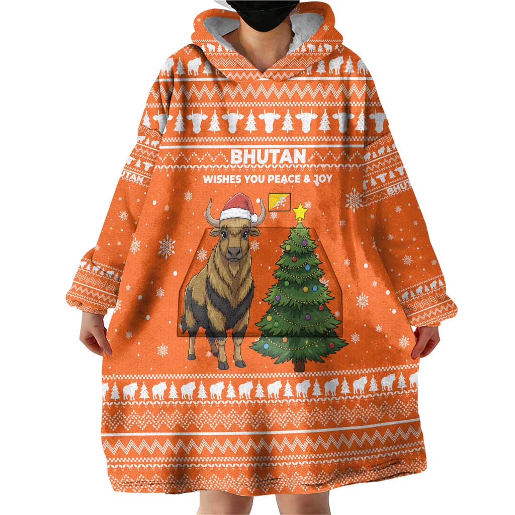 Bhutan Christmas Wearable Blanket Hoodie with Takin Santa Hat Christmas Tree and Snowflake Pattern in Orange - Wonder Print Shop