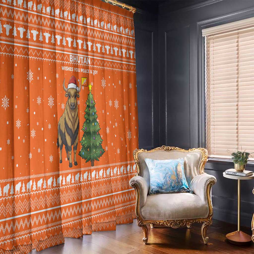 Bhutan Christmas Window Curtain with Takin Santa Hat Christmas Tree and Snowflake Pattern in Orange - Wonder Print Shop