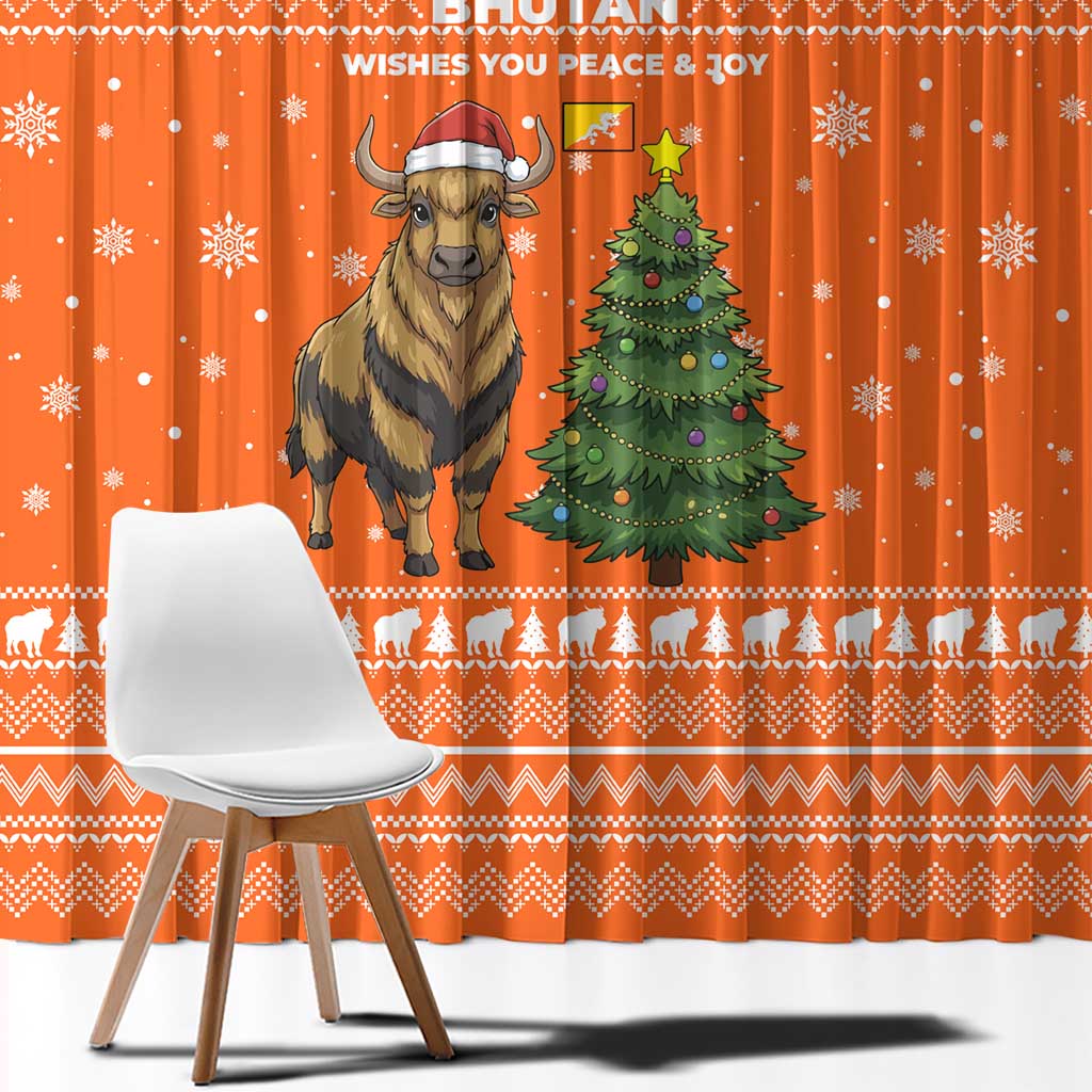 Bhutan Christmas Window Curtain with Takin Santa Hat Christmas Tree and Snowflake Pattern in Orange - Wonder Print Shop