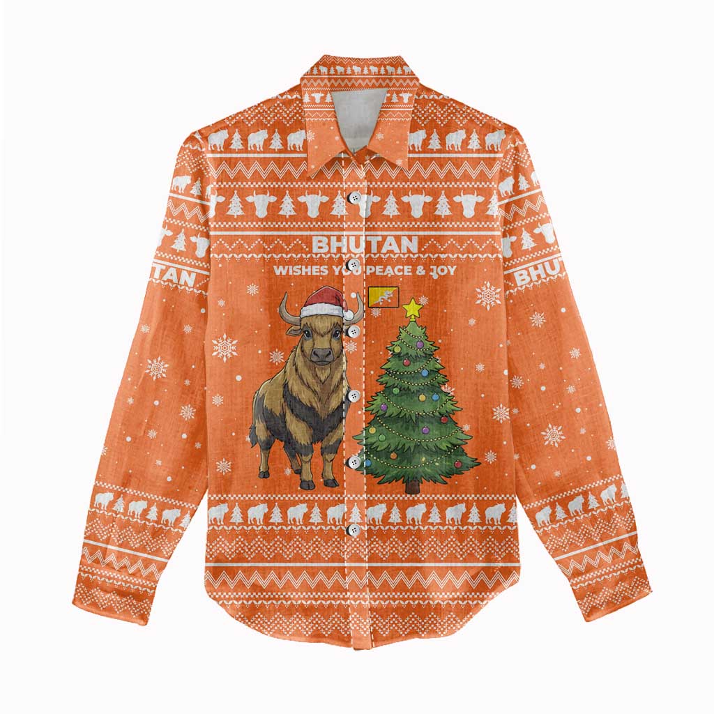 Bhutan Christmas Women Casual Shirt with Takin Santa Hat Christmas Tree and Snowflake Pattern in Orange - Wonder Print Shop