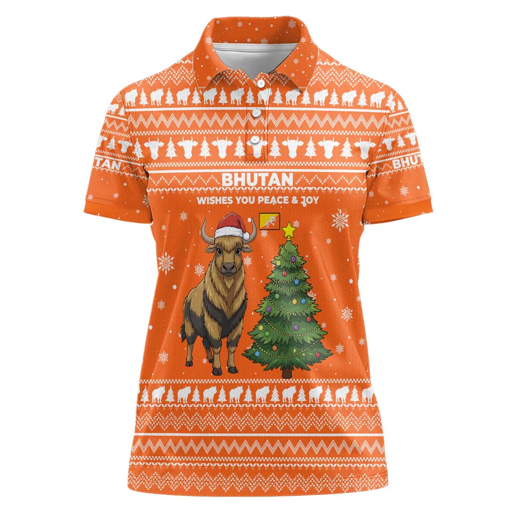 Bhutan Christmas Women Polo Shirt with Takin Santa Hat Christmas Tree and Snowflake Pattern in Orange - Wonder Print Shop
