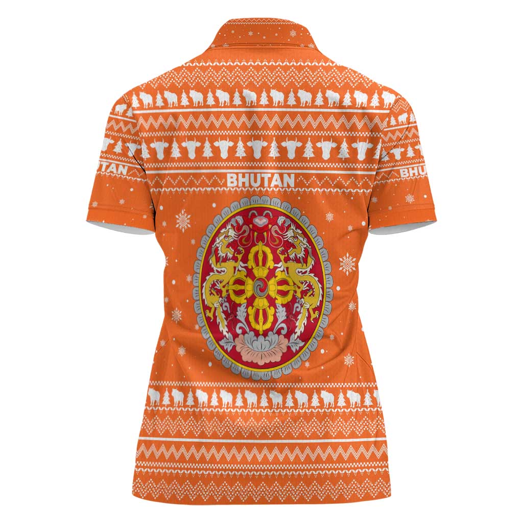 Bhutan Christmas Women Polo Shirt with Takin Santa Hat Christmas Tree and Snowflake Pattern in Orange - Wonder Print Shop