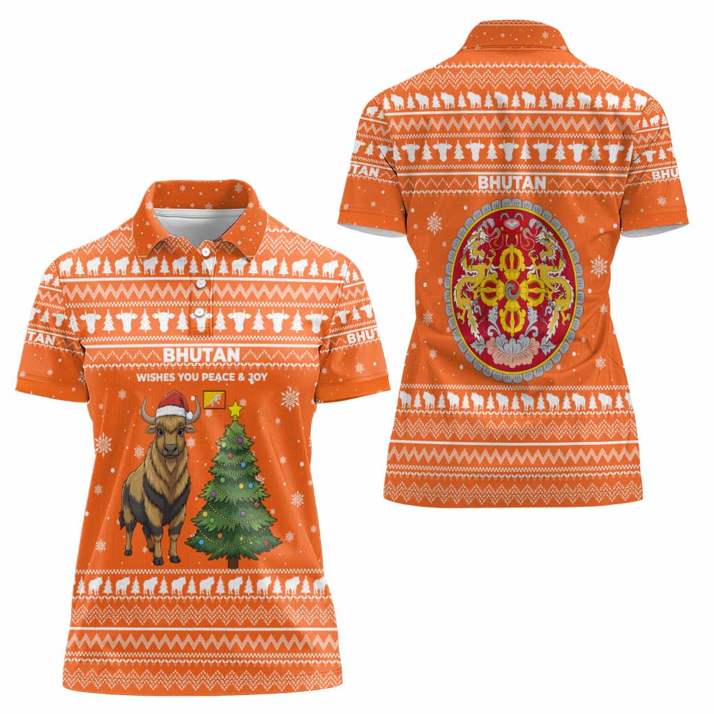 Bhutan Christmas Women Polo Shirt with Takin Santa Hat Christmas Tree and Snowflake Pattern in Orange - Wonder Print Shop