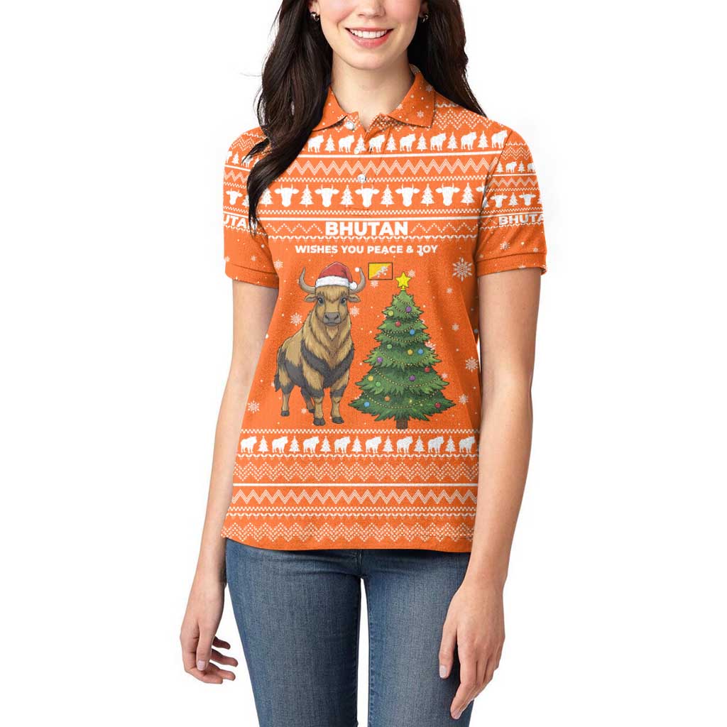 Bhutan Christmas Women Polo Shirt with Takin Santa Hat Christmas Tree and Snowflake Pattern in Orange - Wonder Print Shop