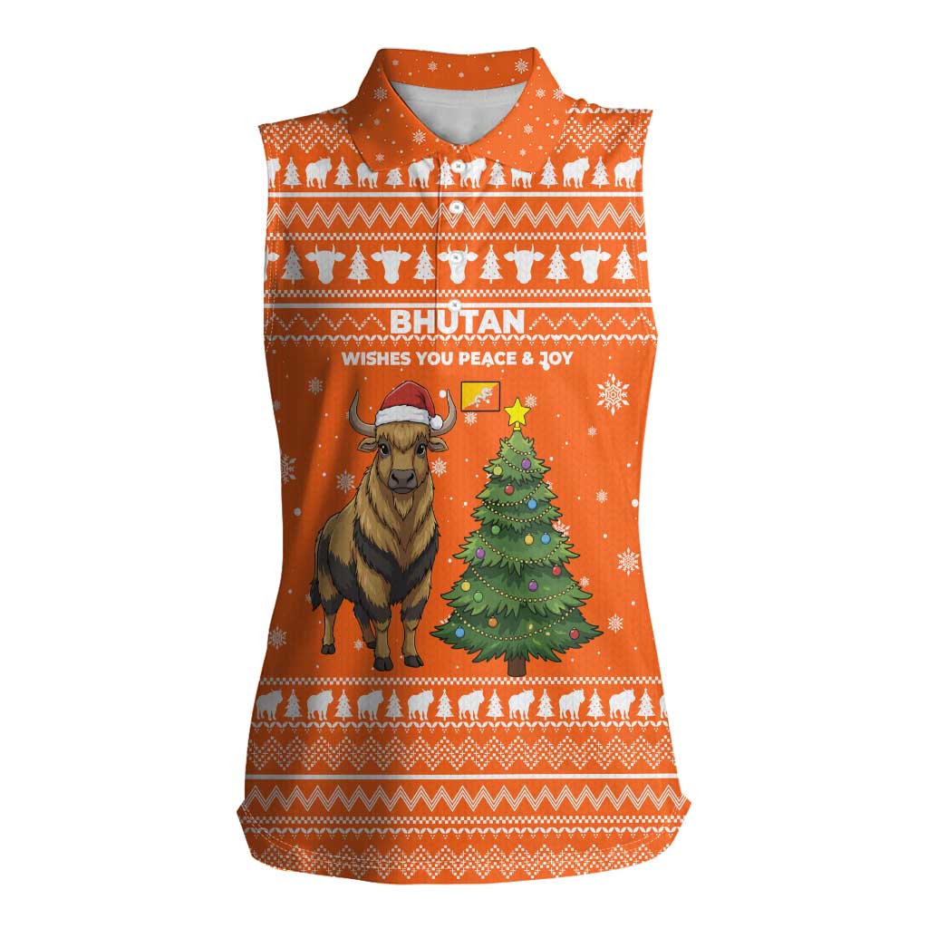 Bhutan Christmas Women Sleeveless Polo Shirt with Takin Santa Hat Christmas Tree and Snowflake Pattern in Orange - Wonder Print Shop