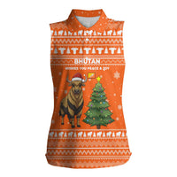 Bhutan Christmas Women Sleeveless Polo Shirt with Takin Santa Hat Christmas Tree and Snowflake Pattern in Orange - Wonder Print Shop