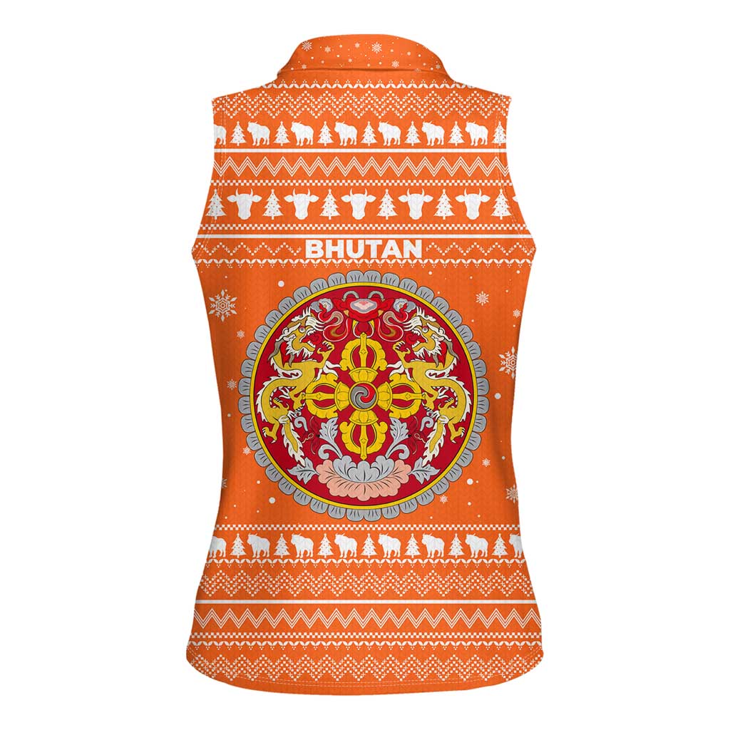 Bhutan Christmas Women Sleeveless Polo Shirt with Takin Santa Hat Christmas Tree and Snowflake Pattern in Orange - Wonder Print Shop