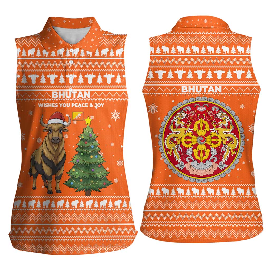 Bhutan Christmas Women Sleeveless Polo Shirt with Takin Santa Hat Christmas Tree and Snowflake Pattern in Orange - Wonder Print Shop