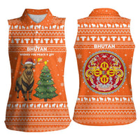Bhutan Christmas Women Sleeveless Polo Shirt with Takin Santa Hat Christmas Tree and Snowflake Pattern in Orange - Wonder Print Shop