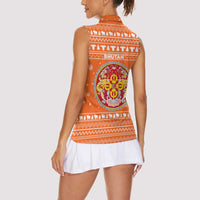 Bhutan Christmas Women Sleeveless Polo Shirt with Takin Santa Hat Christmas Tree and Snowflake Pattern in Orange - Wonder Print Shop