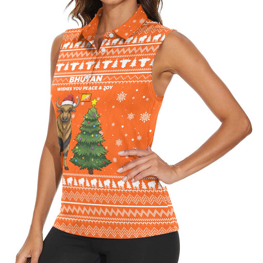 Bhutan Christmas Women Sleeveless Polo Shirt with Takin Santa Hat Christmas Tree and Snowflake Pattern in Orange - Wonder Print Shop