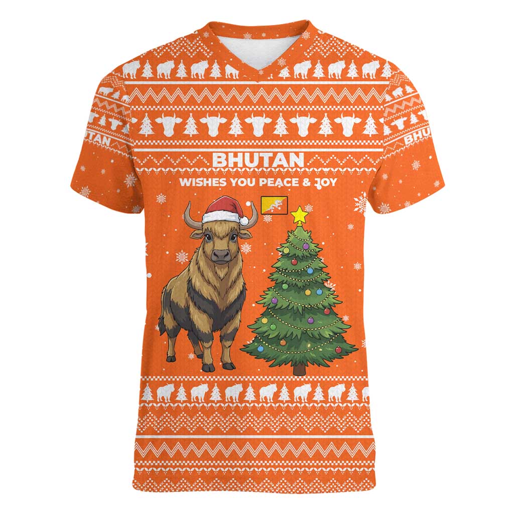 Bhutan Christmas Women V-Neck T-Shirt with Takin Santa Hat Christmas Tree and Snowflake Pattern in Orange - Wonder Print Shop