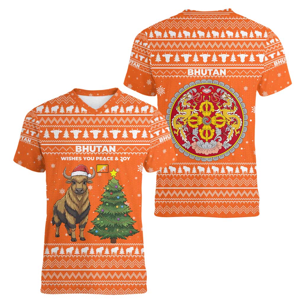 Bhutan Christmas Women V-Neck T-Shirt with Takin Santa Hat Christmas Tree and Snowflake Pattern in Orange - Wonder Print Shop